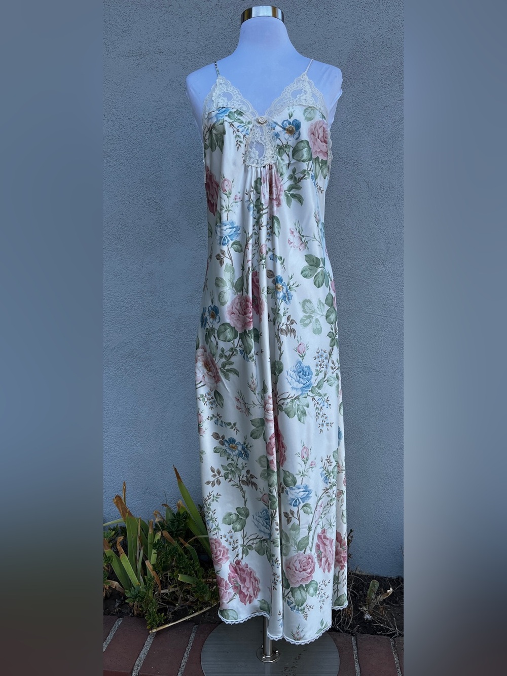 Vintage Indulgence Floral Satin Nightgown Maxi Slip Dress L Lace Trim Romantic
